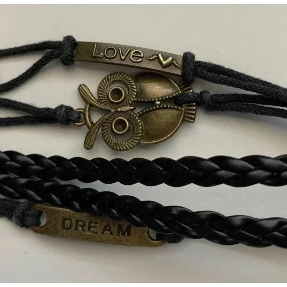 Braided Bracelet Lot Of 3 Owl Theme Orange Blue Black Love Dream